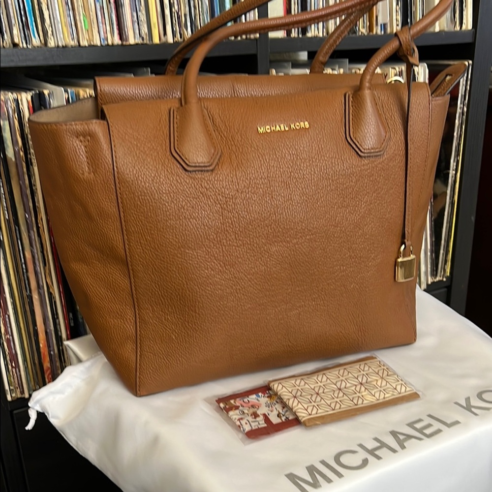 Michael Kors Brown Pebbled Leather Tote with MK silky bag and 2 scarfs